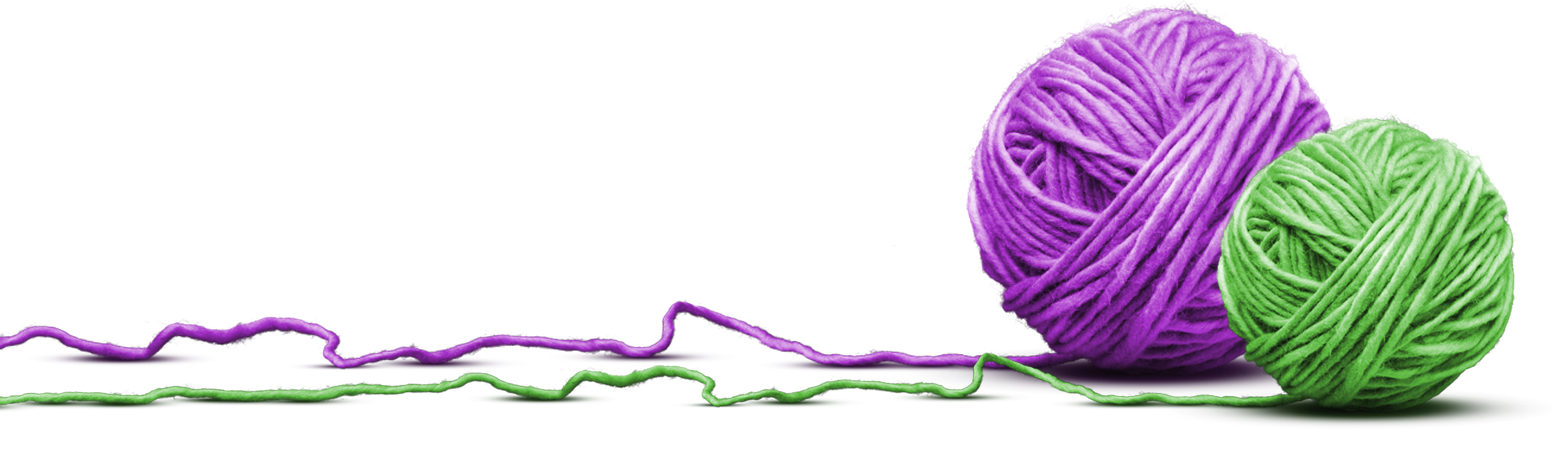 Two balls of yarn, purple and green, with their threads unspooled and running alongside each other