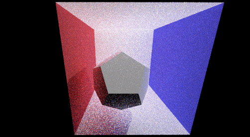 A noisy Cornell box with red and blue walls and a grey dodecahedron, rendered at 32 samples per pixel