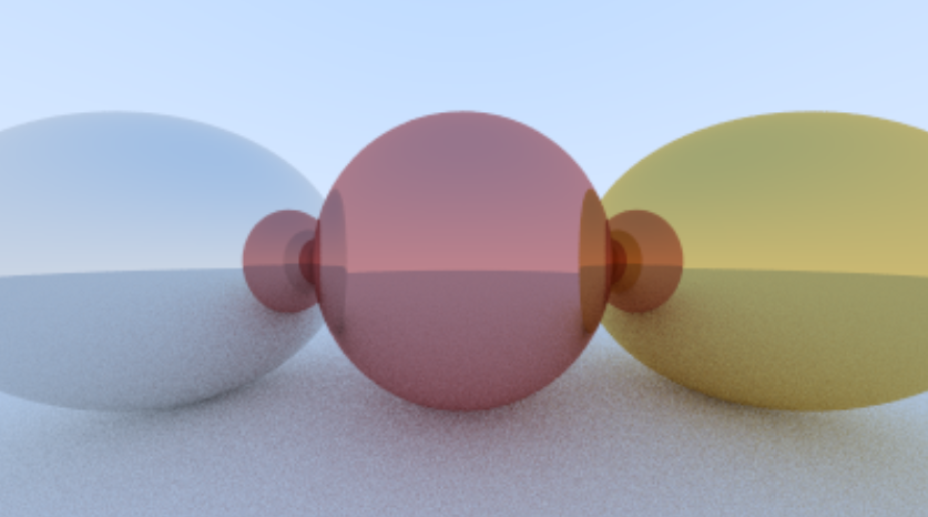 Three large spheres — diffuse, glass and metal — sitting on a ground plane under a blue sky gradient
